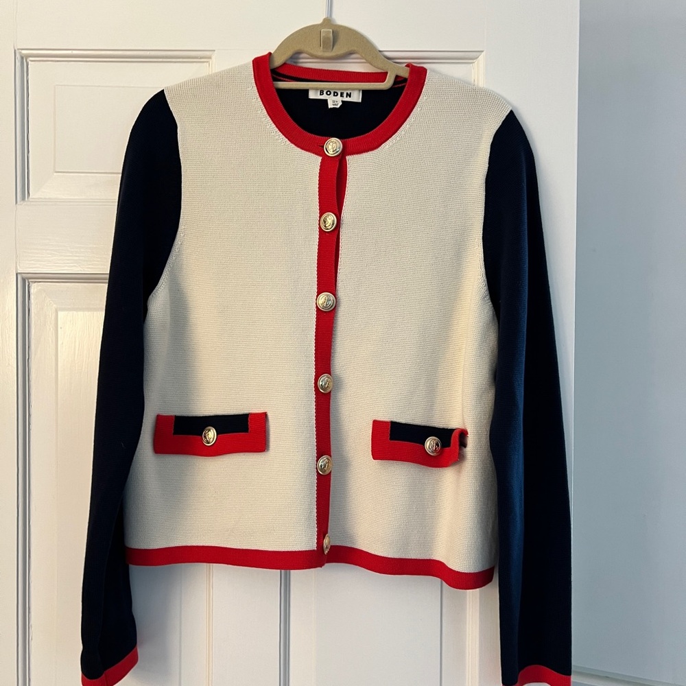 Boden Cream and Navy Cardigan Jacket with Red Accents